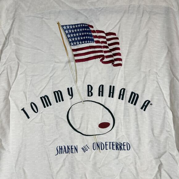 Tommy Bahama Shirt Mens XL White Silk Embroidered USA Flag Shaken But Undeterred - Picture 3 of 9